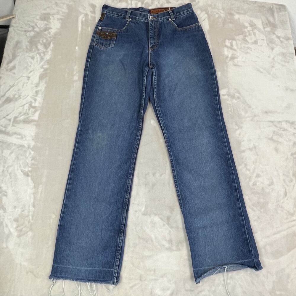 VTG Lawman Jeans Womens 9/10 Blue Denim Western High Rise‎ Relaxed Raw Hem Rodeo